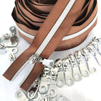 Leekayer #5 Metallic Silver Nylon Coil Zippers by The Yard Bulk 10 Yards Brown Zipper Tape with 25pcs Silver Sliders for DIY Sewing Tailor Craft Bag(Brown)