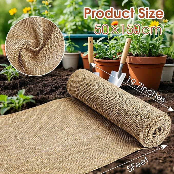 Burlap Fabric - Garden Burlap Fabric Roll Natural Jute Outdoor Fabric Burlap Weed Barrier Trees Trunk Wrap for Crafts Farmhouse Gardening Table Decor for Crafts (19.7" x 5 Feet)
