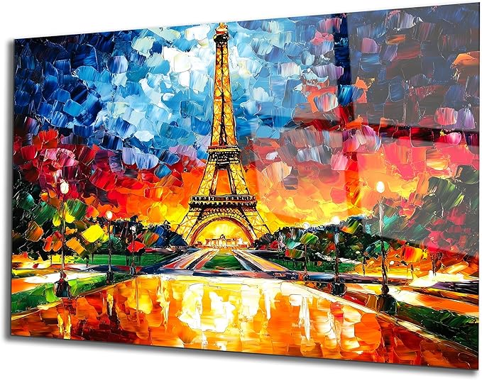 SpiritualHands Paris Eiffel Tower Glass Wall Art Oil Painting for Living Room, Tempered Glass Modern Prints Decor, Large Vivid Color Panel for Bedroom, Kitchen, or Office