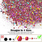 Ceya Holographic Chunky Glitter, 4.9oz/ 140g Pink Mauve Craft Glitter Powder Mixed Fine Flakes Iridescent Nail Sequins for Roses Nail Art, Hair, Epoxy Resin, Tumblers, Slime, Painting, Festival Decor