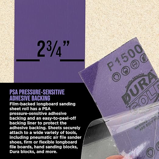 Dura-Gold Premium 1500 Grit PSA Purple Film Ceramic Longboard Sandpaper, 2-3/4" Wide Continuous 20 Yard Roll - Self Adhesive Stickyback for Auto & Wood Air File Long Board Sanders, Hand Sanding Blocks