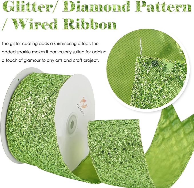 HUIHUANG Lime Green Wired Ribbon for Christmas Tree 2.5 inch Lime Green Glitter Diamond Mesh Ribbon for Tree Decoration, Wreaths, Garland, Gift Wrapping, Bows Making, Halloween Decor -10 Yards