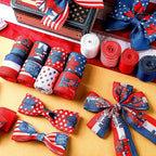 12 Rolls 60 Yards 4th of July Patriotic Ribbon Stars and Stripes Burlap Wired Edge Ribbon White Blue Red Decorative Crafts for Independence Day Memorial Day Gift Wrapping DIY Bow Craft