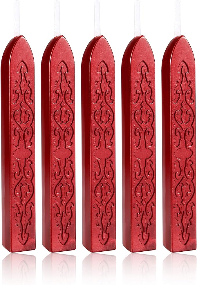 Yoption 5 Pcs Metallic Red Sealing Wax Sticks with Wicks for Wax Seal Stamp, Wedding Invitations, Envelopes, Gifts Sealing