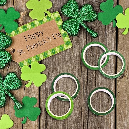 Whaline 12 Rolls St. Patrick's Day Washi Tape Green Shamrock Washi Masking Tape 15mm Clover Plaids Lucky Holiday Paper Tape Sticker for Irish Party Scrapbook Gift Packing DIY Craft Decor, 16.4Ft