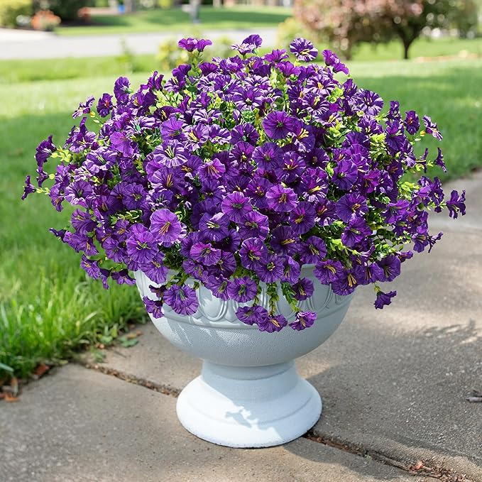 Artificial Flowers Fake Plants for Outdoors Decoration, 12 Bundles Purple Silk Morning Glory with Eucalyptus Realistic UV Resistant Faux Flowers Greenery for Outside Planter Yard Garden Home Indoor
