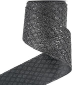 HUIHUANG Black Glitter Wired Ribbon 4 inch Black Christmas Tree Ribbon Diamond Mesh Wire Ribbon for Tree Decorations, Wreaths, Garland, Large Bows Making, Halloween Decor -10 Yards
