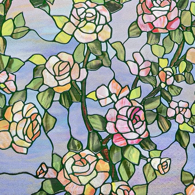 3D Stained Glass Window Film, Decorative Window Privacy Film for Bathroom, Front Door, Home, Sun Blocking Heat Control, Static Cling, Beast Rose 35.4inch x 78.7inch
