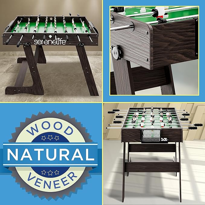 SereneLife Folding Foosball Table, 4’ x 2’ Full Competition Size Foldable Space Saving Table Soccer for Home, Arcade Game Room, for Indoor or Outdoor, Family Game Night, Perfect for Kids and Adults