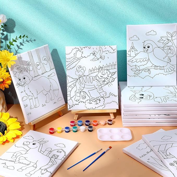 Zhanmai 12 Pack Pre Drawn Canvas for Painting Sip and Paint Kit 8" x 10" Paint Party Set Canvas Painting Pre Printed Canvases for Party Favor DIY Virtual Adult's Date Night(Cartoon Animals)