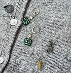Handmade Stitch Markers for Knitting and Crochet, Two Green Floral Removable Rings, Gold-Edged Fish and Gray Cat Closed Ring, with Storage Case.