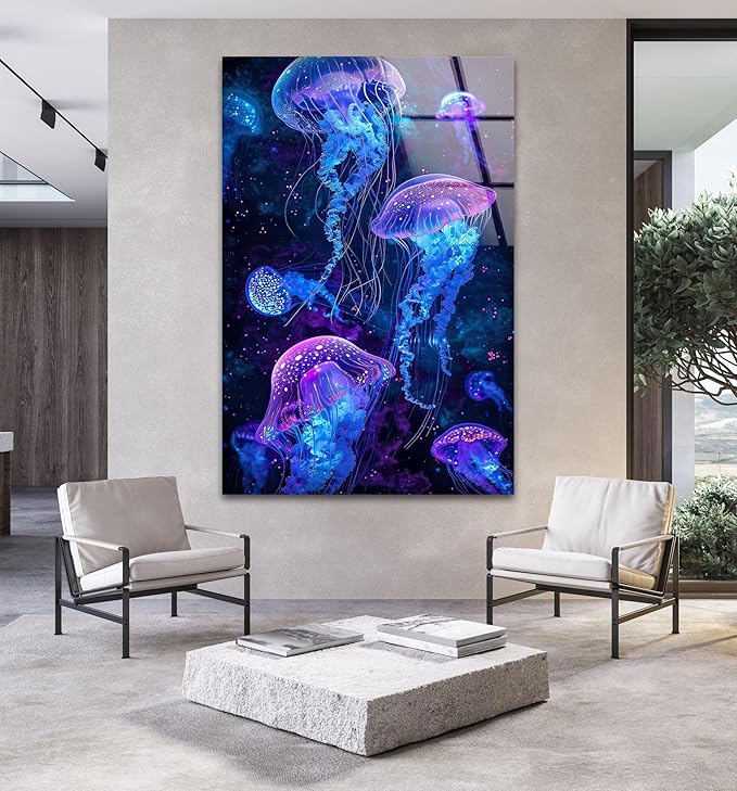 My Photostation.com Round 31,5'' Glowing Jellyfish Glass Wall Art Tempered Glass Printing Wall Decor Large Wall Art Wall Hangings