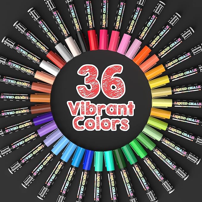 36-Color Liquid Chalk Markers Set, Erasable, Dust-Free, for Blackboard, Glass, Cars, Windows - Ideal for Teaching, Display, Creativity, Paint Pens, Dry Erase Markers