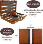 Backgammon Set - 15 Inch Classic Backgammon Board Game Sets Handheld - Backgammon Sets for Adults and Kids - Brown Faux Leather Case - Instruction