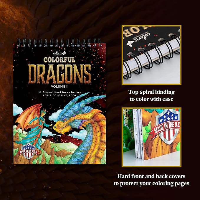 ColorIt Colorful Dragons Adult Coloring Book for Women, Volume II - 50 Single-Sided Designs, Thick Smooth Paper, Lay Flat Hardback Covers, Spiral Bound, Dragon Coloring Pages