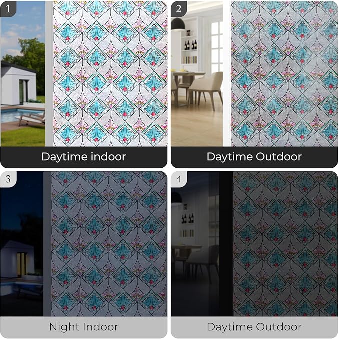 3D Stained Glass Window Film, Decorative Window Privacy Film for Bathroom,Front Door,Home, Sun Blocking Heat Control,Static Cling,23.6inch x 35.4inch Refractive Narrative