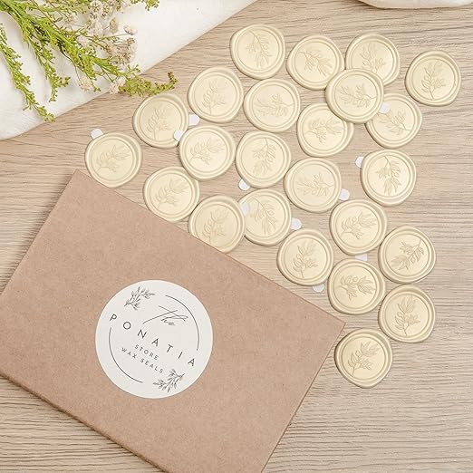 PONATIA Wax Seal Stickers - 50 Pcs Eucalyptus Self- Adhesive Wedding Invitation Seal Stickers, Perfect for Invitation Cards, Envelopes, Christmas, Gift Wrapping, Party (Champagne)
