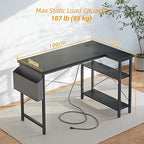 TIQLAB Small L Shaped Computer Gaming Corner Desk with Power Outlets, Reversible Shelves for Study, Writing Table for Home, Office, Bedroom, Living Room, 40 inches, Black