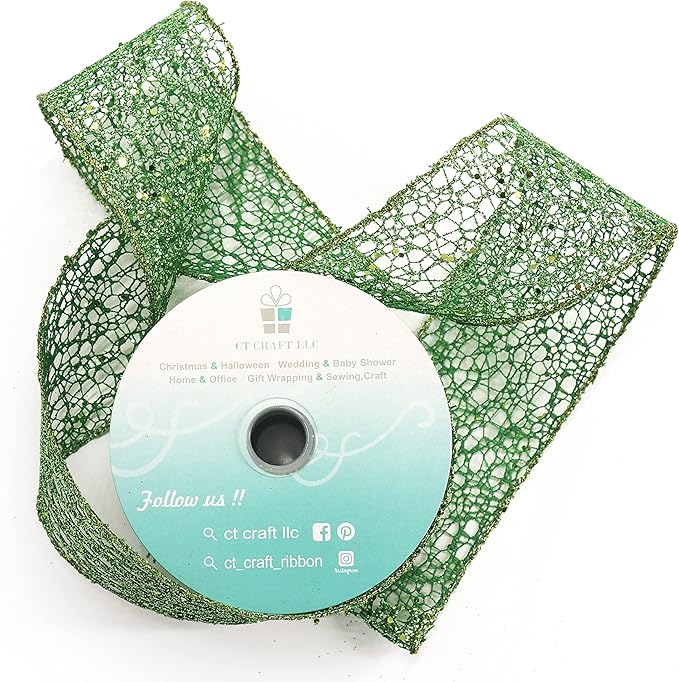 CT CRAFT LLC Sparkling Glitter Mesh Wired Ribbon 2.5" x 10 Yards Green for Christmas Home Decor Bow Gift Wrapping DIY Crafts Wreath