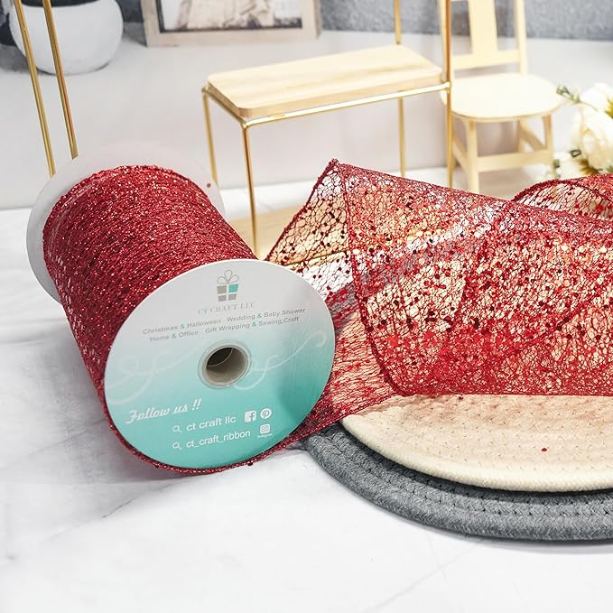 CT CRAFT LLC Sparkling Glitter Mesh Wired Ribbon 6" x 10 Yards Red for Christmas Home Decor Bow Gift Wrapping DIY Crafts Wreath