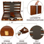Backgammon Set - 15 Inch Classic Backgammon Board Game Sets Handheld - Backgammon Sets for Adults and Kids - Brown Faux Leather Case - Instruction