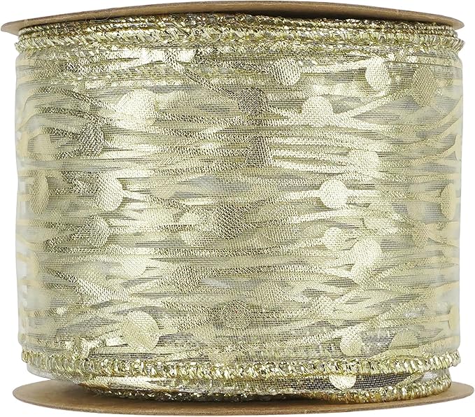 MEEDEE Gold Wired Ribbon - 2.5 Inch Sheer Organza With Horizontal Stripes and Polka Dots - 25 Yards for Gift Wrapping, Garland