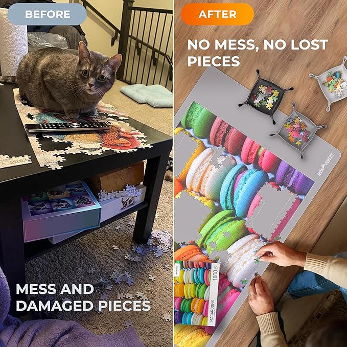 The Original Newverest Jigsaw Puzzle Mat Roll Up, Silver, 46” x 26” Portable Keeper Up to 1500 Pieces with Non-Slip Rubber Bottom & Smooth Top + 3 Puzzle Sorting Trays & Travel-Friendly Storage Bag