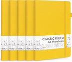 feela 5 Pack Journal Notebook Bulk for School, Hardcover Business Notebooks Classic Ruled Lined Journals with Pen Holder for Work Note Taking, with 5 Black Pens, 120 GSM, 5.1”x8.3”, A5, Yellow