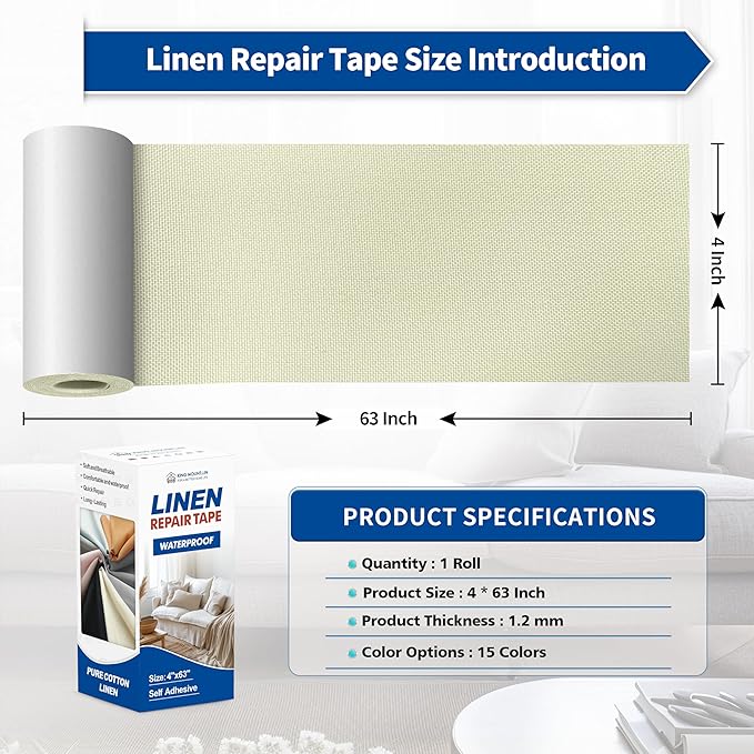 KING MOUNTAIN Linen Repair Patches, Self-Adhesive Linen Fabric Patches, 4 X 63 inch Extra Size, Multi Color, Can be Used for Linen Sofa Repair and Linen Clothes Repair (Beige2.0)