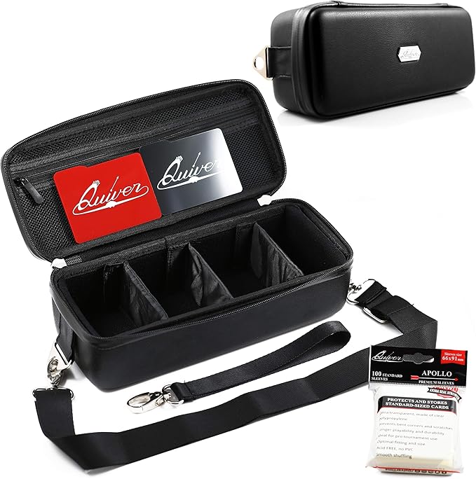 Quiver Time Black Bolt Card Carrying Case fits Pokemon Cards and other TCG Games - Storage Bag for Playing/Trading Cards and Deck Box (Straps, Dividers & 100 Apollo Card Sleeves)