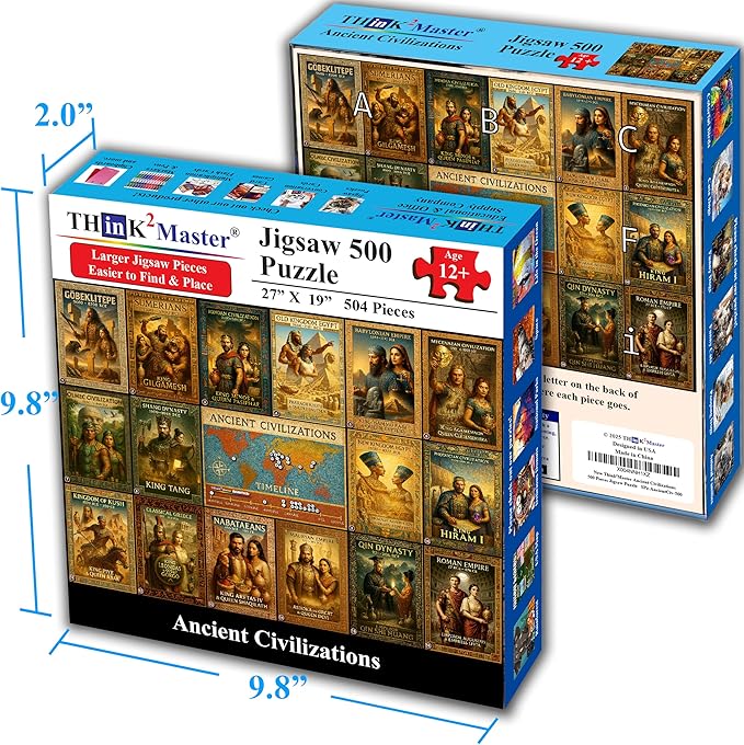 Think2Master Ancient Civilizations World History Jigsaw Puzzle 500 Pieces Large Format for Kids 12+, Teens, Adults & Families. Great Gift. Historical Timeline & World Map. Size: 26.8” X 18.9”
