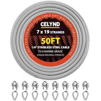 Stainless Steel Cable for Railing - 50FT 1/4" T316 Wire Rope with Clamps and Thimbles - 7 x 19 Strands 6700 LBS Breaking Strength for Outdoor Deck Railing Zipline