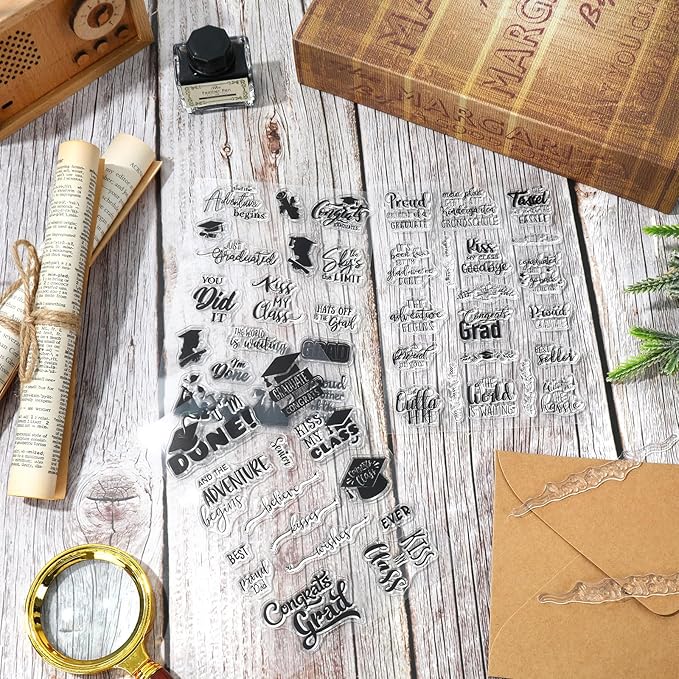 Whaline 4 Sheet Graduation Words Clear Stamps Congrats Grad Cap Silicone Transparent Stamps Border Stamp Cards for DIY Craft Card Making Scrapbooking Embossing Album Decor