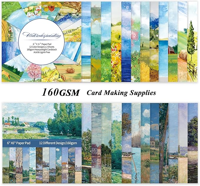 48 Sheets 24 Designs Scrapbook Paper Pad, 6"×6" Single-Sided Decopodge Craft Cardstock Paper, Scrapbooking DIY Decorative Background Cardmaking Supplies.Paintings&Landscape