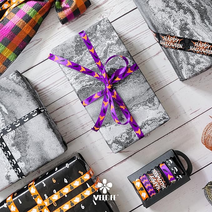 MEEDEE 3/8 inch 1 inch Halloween Ribbon Set Spooky October Ribbon Assortment 5 Rolls 10 Yards Halloween Crafts, Fall Gift Wrap, Party Decorations, Autumn Wreaths, Trim Bundle, Wreath Bow Supplies