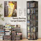XIMN 360° Rotating Bamboo CD/DVD Shelf - 6-Tier Space-Saving Media Storage Cabinet for Movies, Organizer with Super Compact Design (Black, 6 Tier)