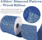 HUIHUANG Navy Blue Wired Christmas Ribbon 4 inch Navy Glitter Wired Ribbon Diamond Mesh Wire Ribbon for X-mas Tree Decorations, Wreaths, Garland, Large Bows Making, Home Decor -10 Yards