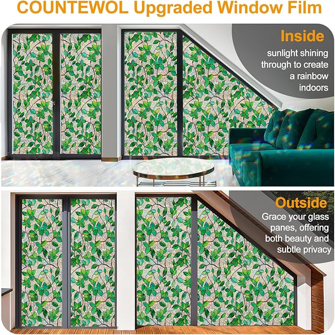 Window Privacy Film Stain Glass Window Film Rainbow Window Film Window clings Non-Adhesive Reusable Decorative for Room (Greenery Leaf, 17.5 x 78.7 in)