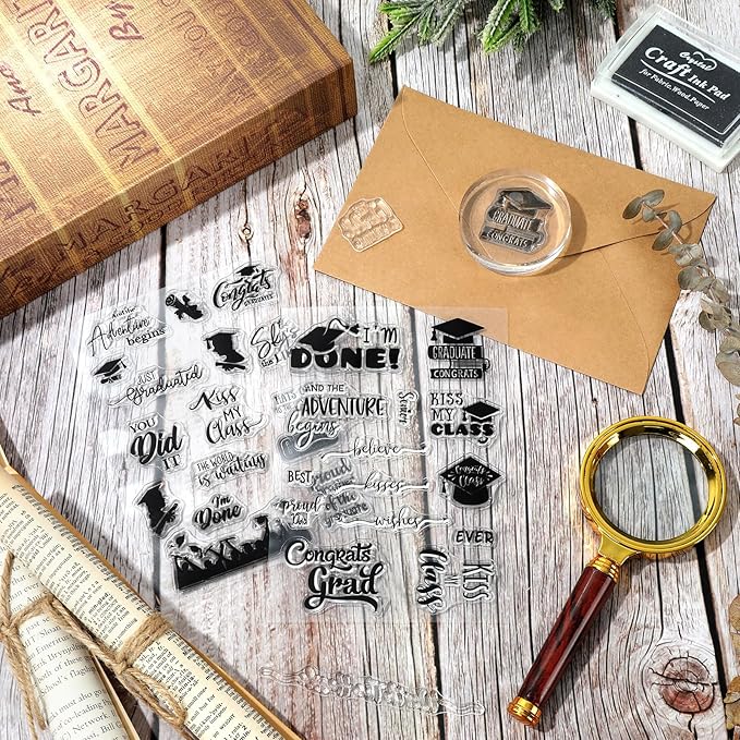 Whaline 4 Sheet Graduation Words Clear Stamps Congrats Grad Cap Silicone Transparent Stamps Border Stamp Cards for DIY Craft Card Making Scrapbooking Embossing Album Decor