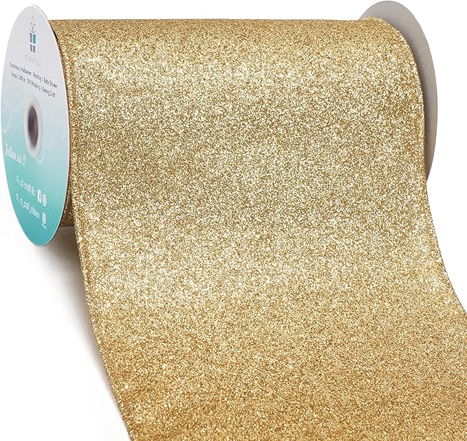 CT CRAFT LLC Glitter Wired Ribbon 6" x 10 Yards Light Gold for Christmas Home Decor Bow Gift Wrapping DIY Crafts Wreath
