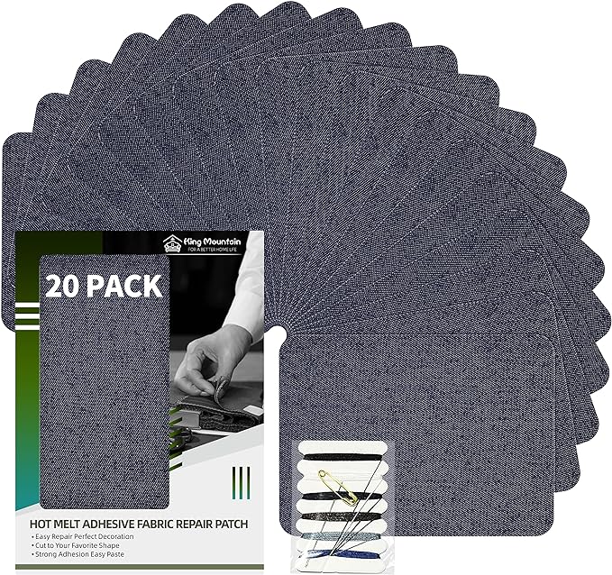KING MOUNTAIN Iron-on Repair Patch 20 Pcs Pack,Denim Patches for Jeans Kit 3" by 4-1/4",100% Cotton Denim Iron-on Repair Patch, Jeans and Clothing Repair and Decoration Kit (Blue)