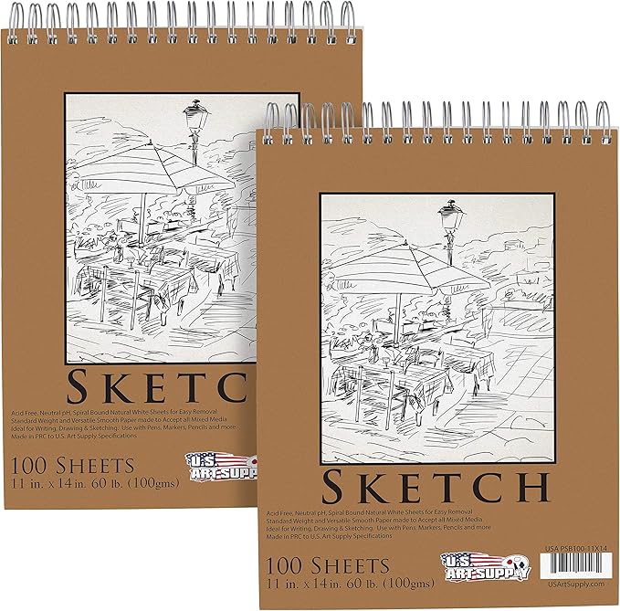 U.S. Art Supply 11"x14" Top Spiral Bound Sketch Book, 2 Pack, 100 Sheets Each, 60lb (100gsm), Acid-Free, Artist Sketchbook, Drawing Pad for Adults & Students