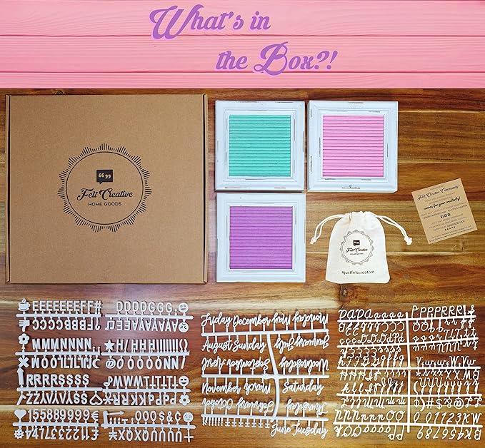 Mini Rustic Felt Letter Board Farmhouse Trio Changeable Message Boards by Felt Creative Home Goods Vintage Style Frames 3 Pack Bundle White Letter Set with Cursive Months Days (6x6) Color Edition