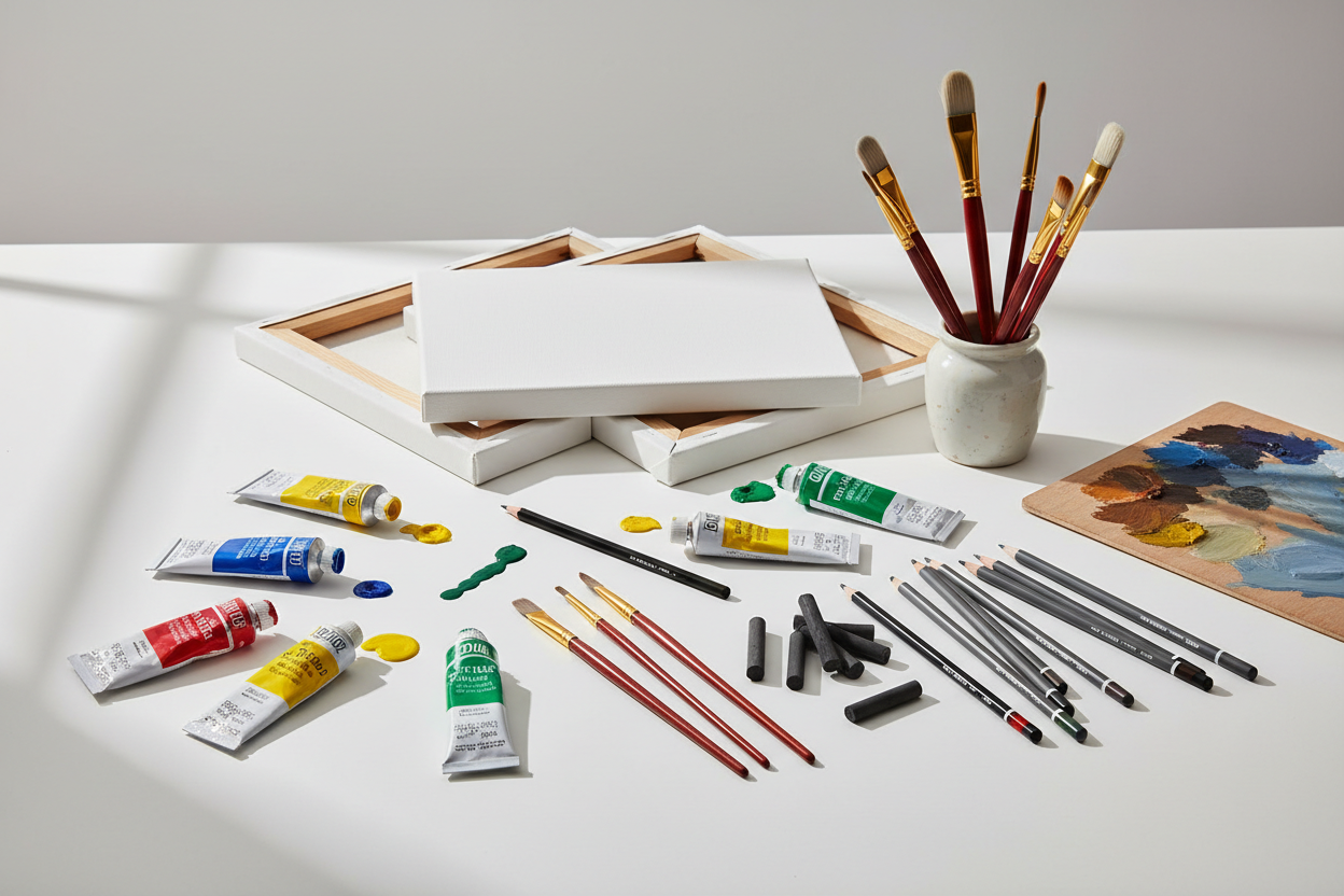 Art Supplies: Premium paints, brushes, canvases, and sketching tools for every artist. (make it real photo)