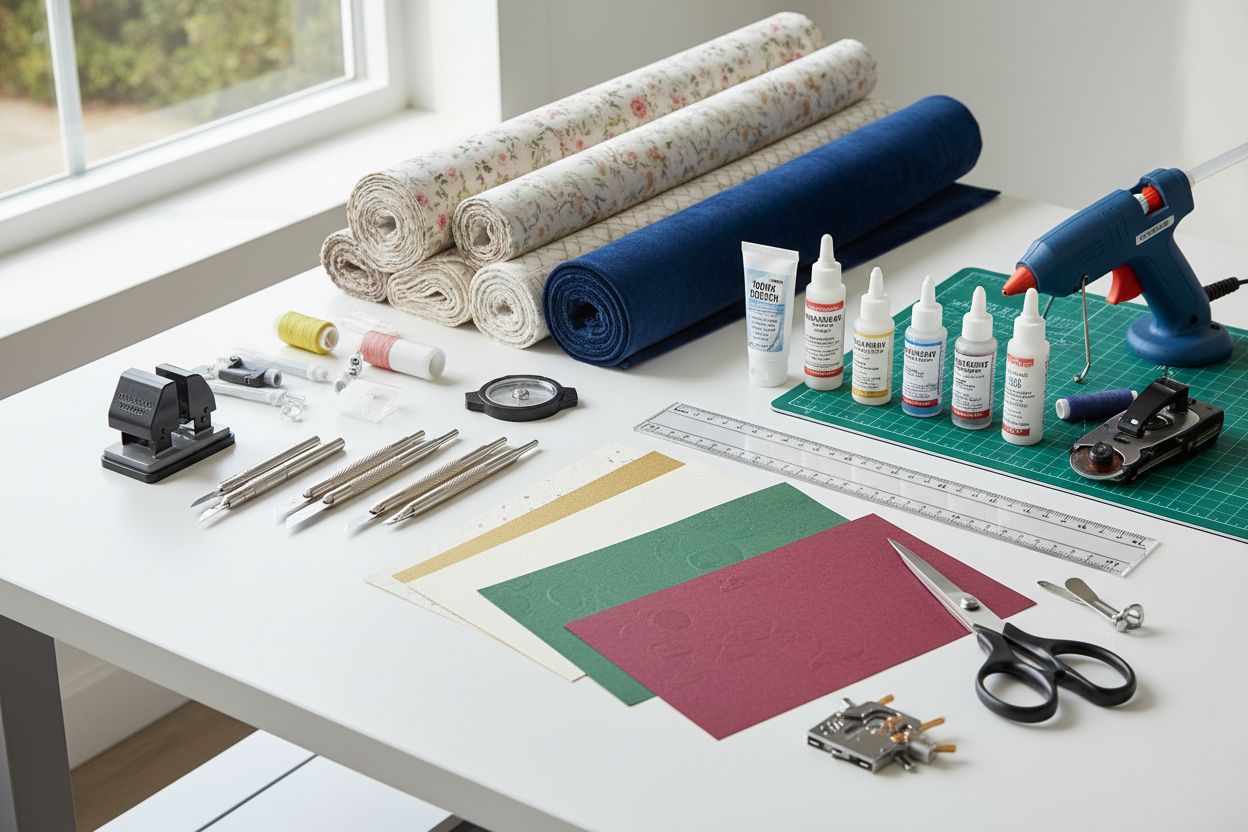 Materials & Tools: High-quality papers, fabrics, adhesives, and precision tools to make crafting seamless. (make it real photo)